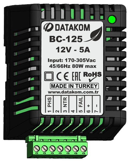 BC-125 Зарядное устройство (12В, 5А, 220-240В, на дин-рейку)